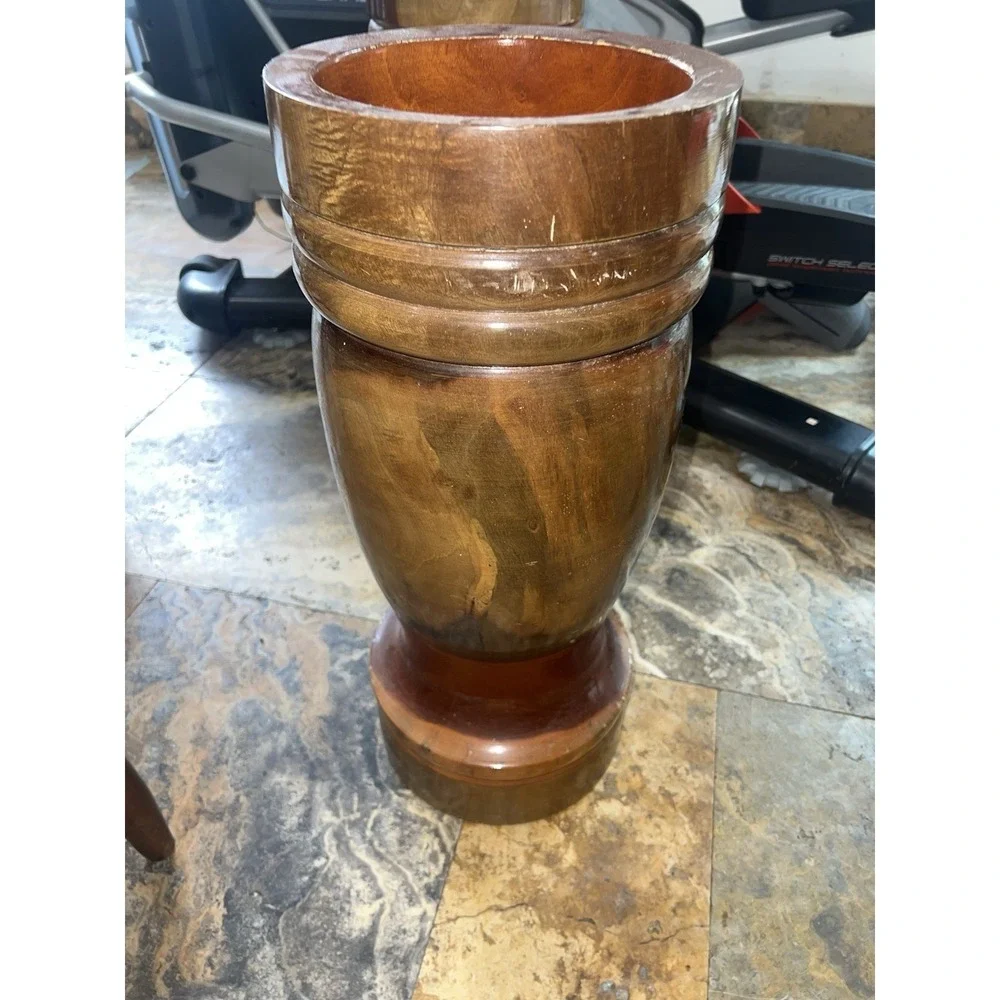 Handcrafted Turned Wooden Vase Urn Tall Brown Decorative Wood Vessel